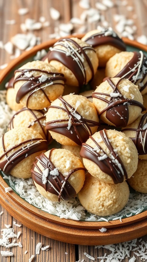 A plate of delicious chocolate-dipped coconut macaroons, elegantly presented for an Easter tea party. Easter Tea Party Cookies