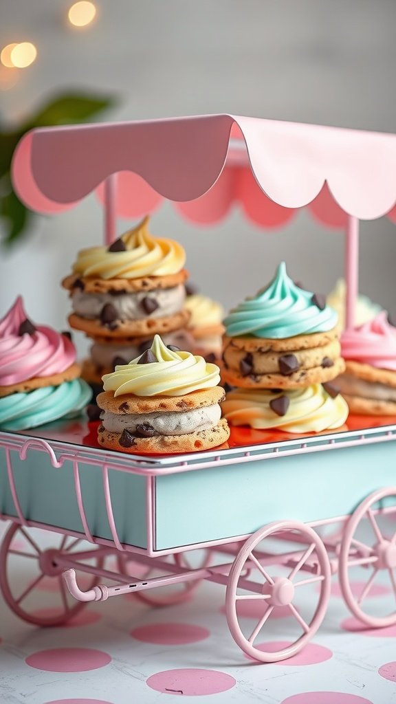 Colorful chocolate chip cookie sandwiches stacked on a pink cart