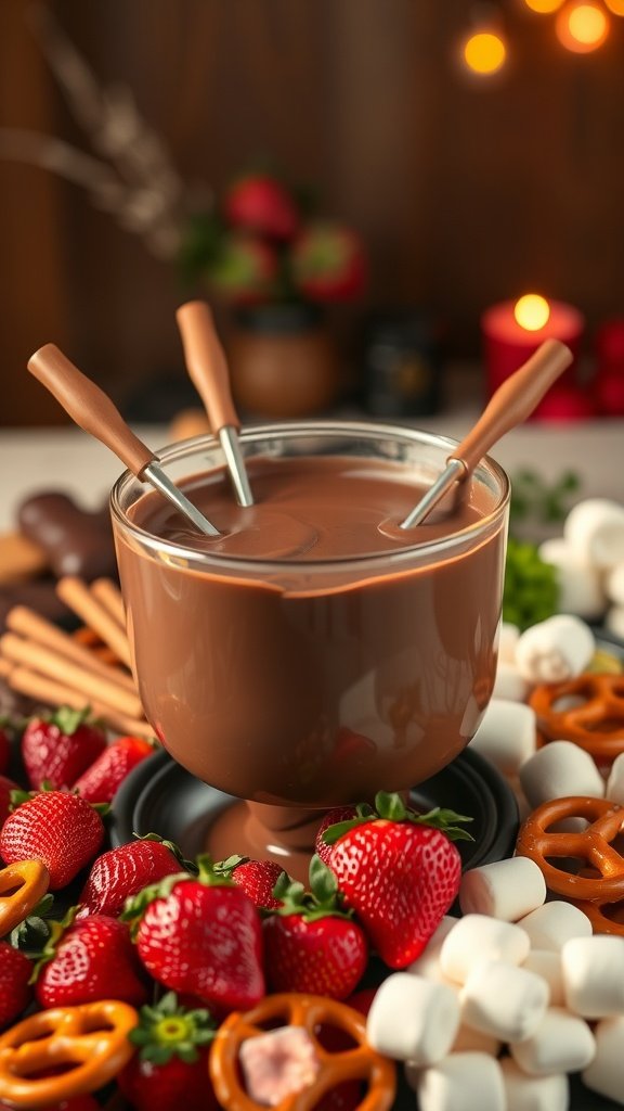 A delicious chocolate fondue surrounded by assorted dippers such as strawberries, pretzels, and marshmallows. Valentine’s Day Food Ideas