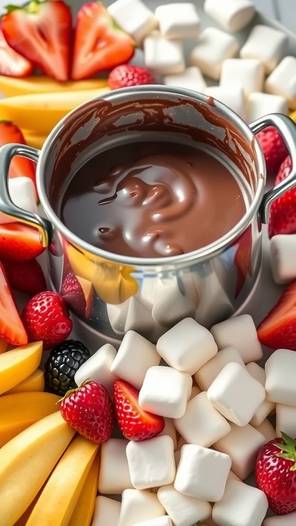 A pot of chocolate fondue surrounded by fresh fruits and marshmallows