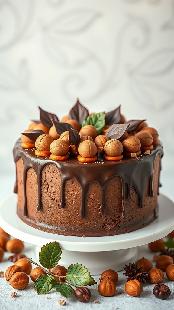 35 Enchanting Forest Wedding Cake Recipes for Your Dream Celebration A chocolate hazelnut cake topped with nut decorations and drizzled with chocolate ganache.