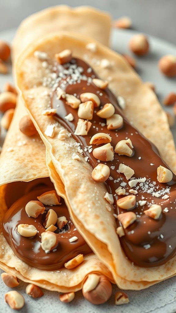 Chocolate hazelnut spread crepes with chopped nuts on a plate