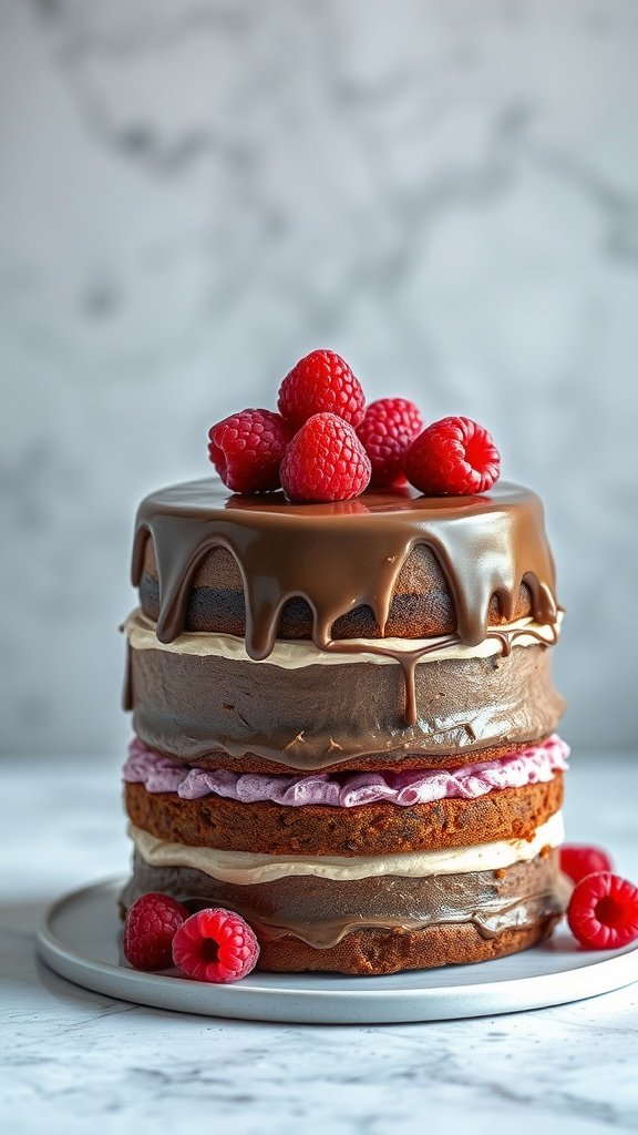 A tall chocolate raspberry layer cake topped with fresh raspberries and chocolate ganache