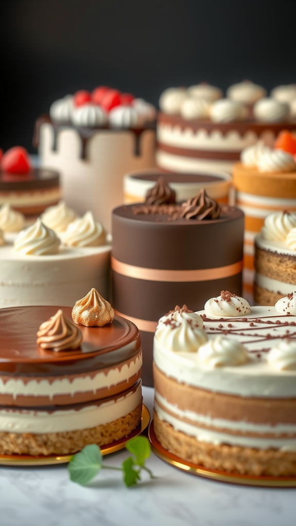 An assortment of beautifully decorated cakes resembling a floral arrangement.