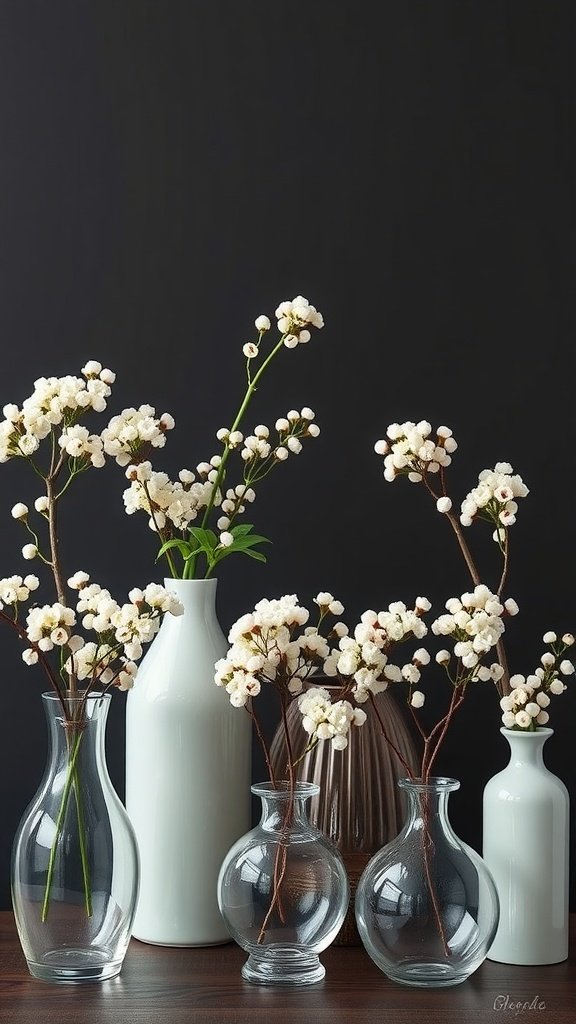 Various vases with baby’s breath flowers arranged on a table