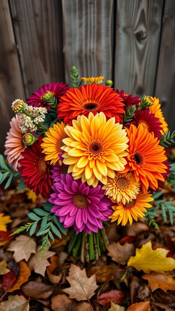 A vibrant bouquet of chrysanthemums and dahlias in autumn colors, surrounded by fallen leaves