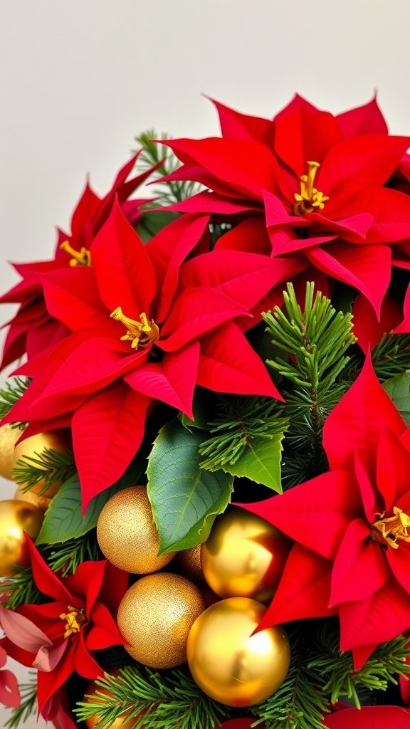 A beautiful bouquet featuring classic red poinsettias and golden ornaments, symbolizing festive winter celebrations.