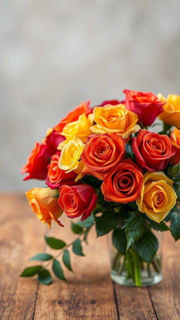 A bouquet of classic roses in autumn shades of red, orange, and yellow, set against a wooden table.