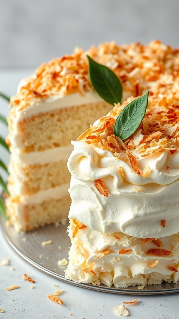 A delicious coconut cream cake with toasted coconut flakes and green leaves on top.