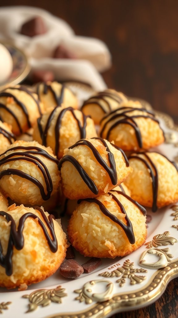 A plate of coconut macaroons drizzled with chocolate. Valentine’s Day Food Ideas