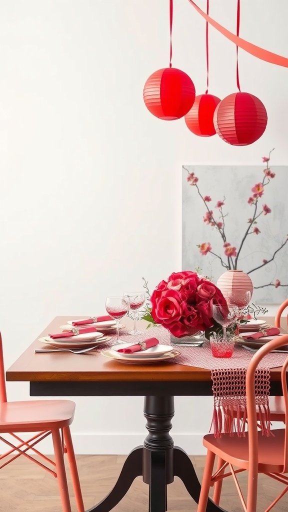 A beautifully decorated table for Valentine's Day featuring red and pink accents, lanterns, and roses.