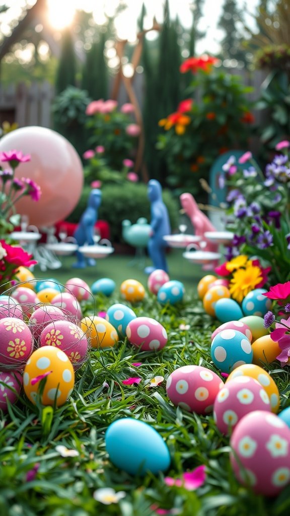 A colorful Easter egg hunt in a beautiful garden with various decorated eggs scattered on the grass.