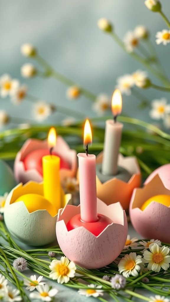 Colorful candles in eggshells with flowers and greenery