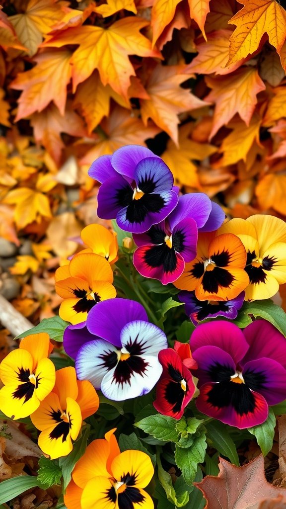Colorful pansies blooming among autumn leaves