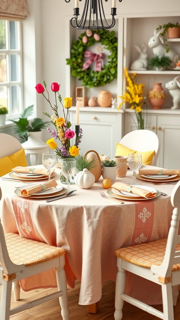 A beautifully set Easter table with colorful linens, flowers, and decorative items.