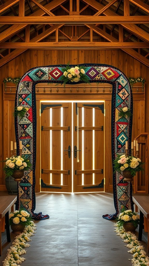 A colorful vintage quilt arch with flowers, set in a rustic venue