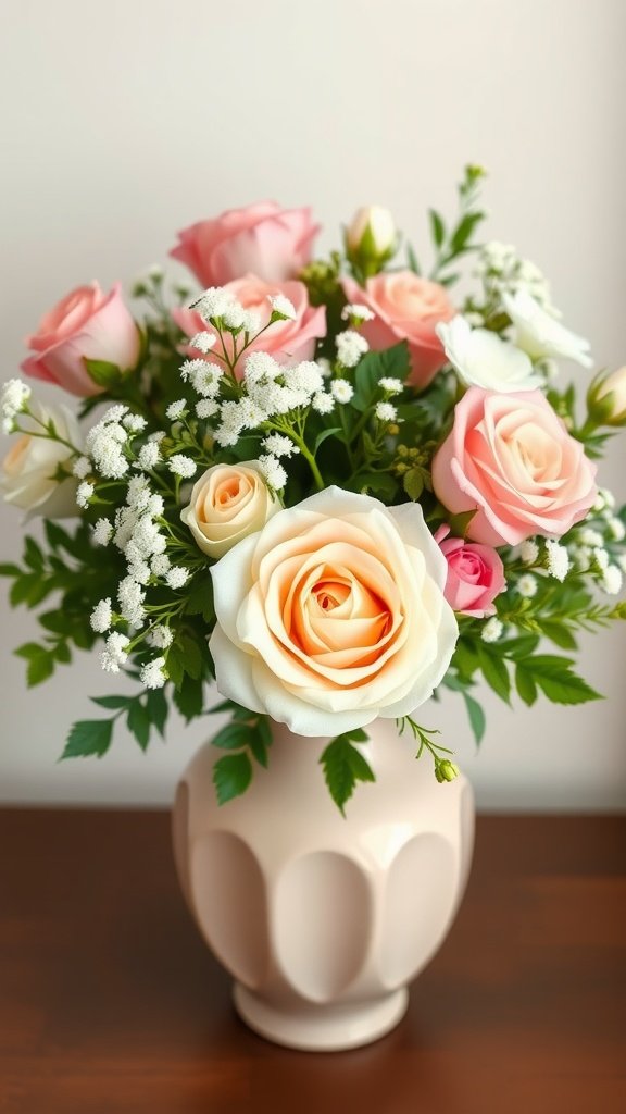 A beautiful floral centerpiece featuring pink roses and baby's breath in a vase.