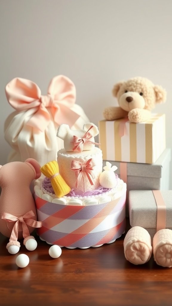 A beautifully arranged mini diaper cake surrounded by plush toys and gift boxes.