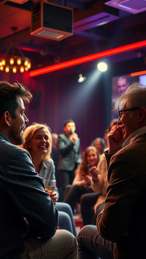 A lively comedy club scene with two couples enjoying a night out, laughing and engaging with a comedian on stage.