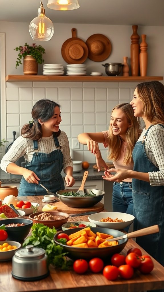 Three friends cooking together in a kitchen with various ingredients on the counter.