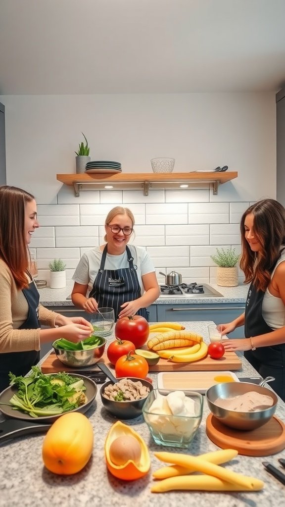 Three friends cooking together in a bright kitchen, surrounded by fresh ingredients. Double Date Ideas