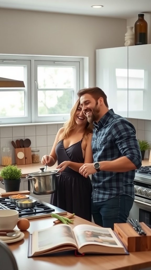 A couple happily cooking in a bright kitchen, smiling and enjoying their time together. Indoor Date Ideas