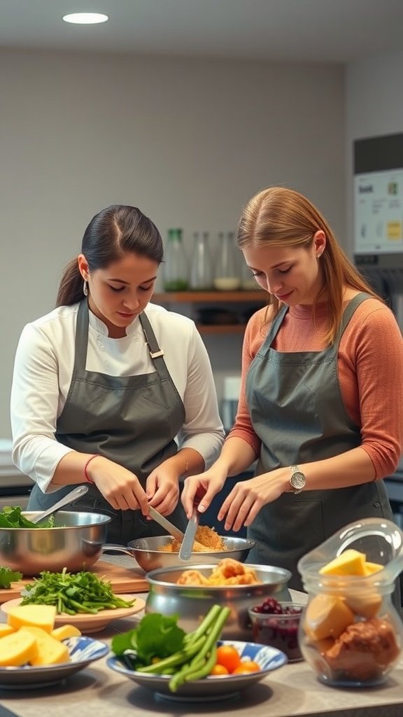 Two women in aprons cooking together in a kitchen filled with fresh ingredients.