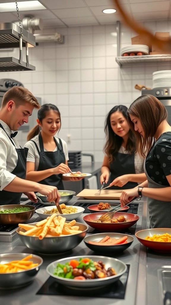 Group of four individuals enjoying a cooking class in a modern kitchen, preparing various dishes together. Double Date Ideas