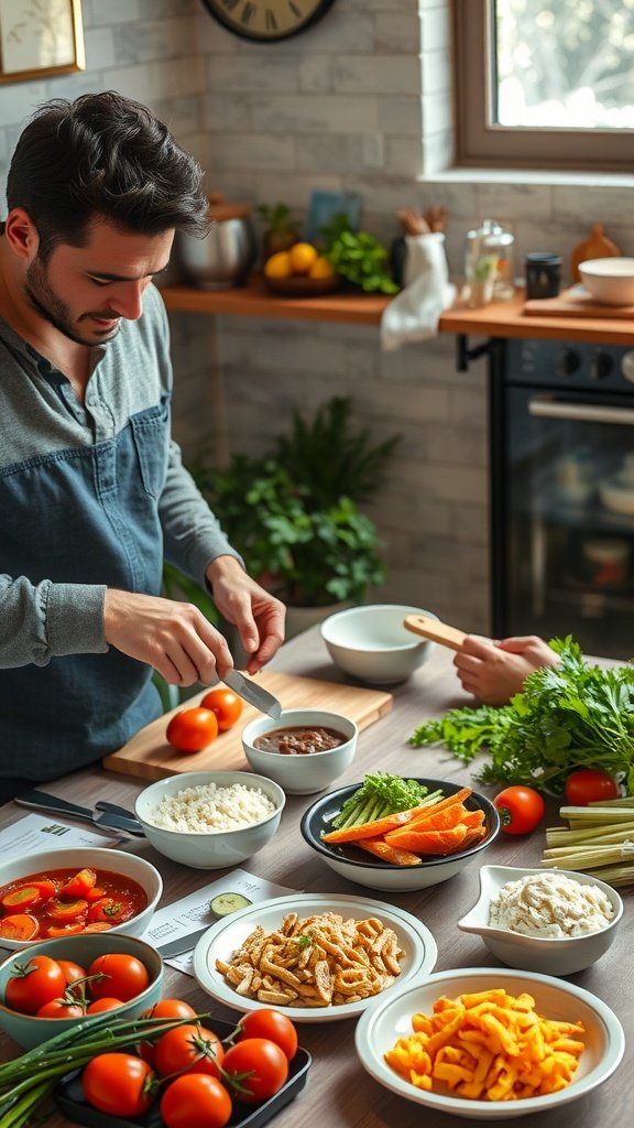 A man chopping vegetables in a bright kitchen with various colorful ingredients for cooking.