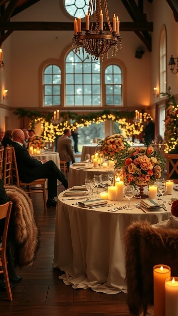 Cozy winter wedding reception with candlelit tables and floral decorations