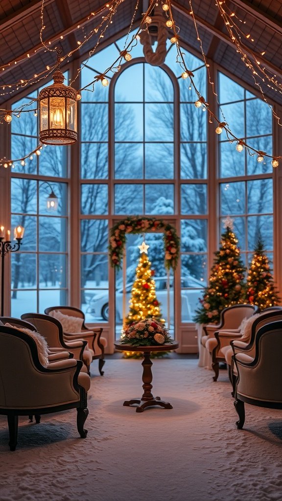 Cozy winter wedding venue with large windows, snowy view, bright lights, and decorated Christmas trees