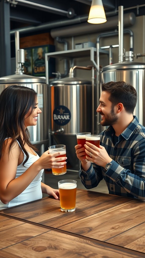 Two couples enjoying drinks at a brewery, surrounded by brewing equipment.