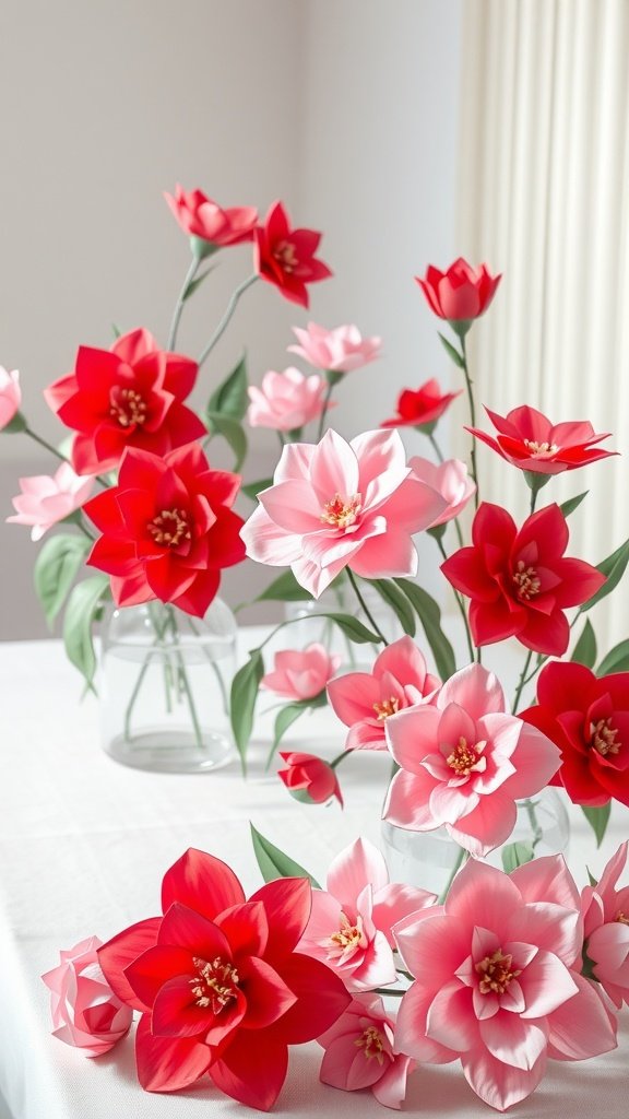 A beautiful arrangement of crafted paper flowers in red and pink, perfect for Valentine's table decor.