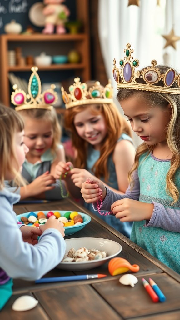 Children crafting mermaid-inspired accessories at a party with colorful beads and crowns.