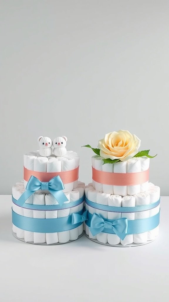 Two mini diaper cakes for twins, decorated with pastel ribbons and a flower.