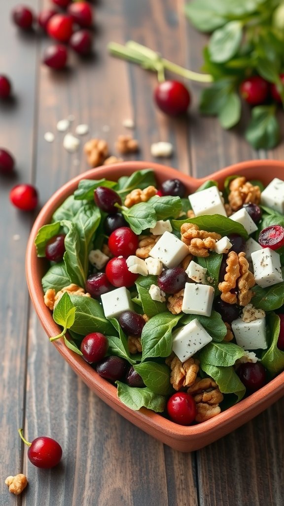A heart-shaped bowl of cranberry walnut salad with feta cheese, fresh spinach, and walnuts, perfect for Valentine's Day.