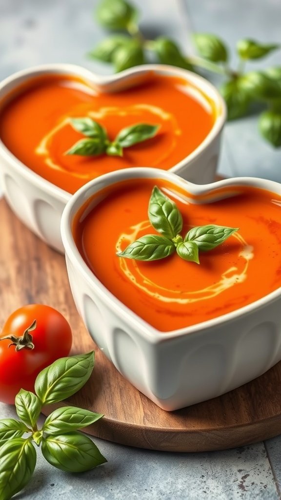 Creamy tomato basil soup served in heart-shaped bowls, garnished with basil leaves.