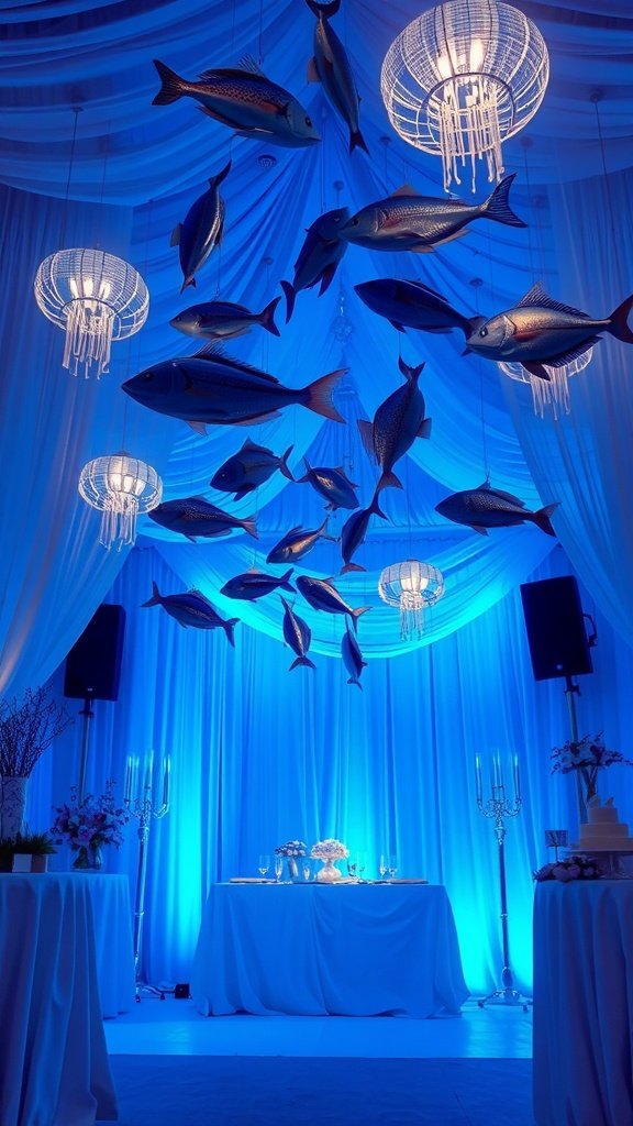 A beautifully decorated space for a mermaid party with blue lighting, hanging fish decorations, and elegant table settings.