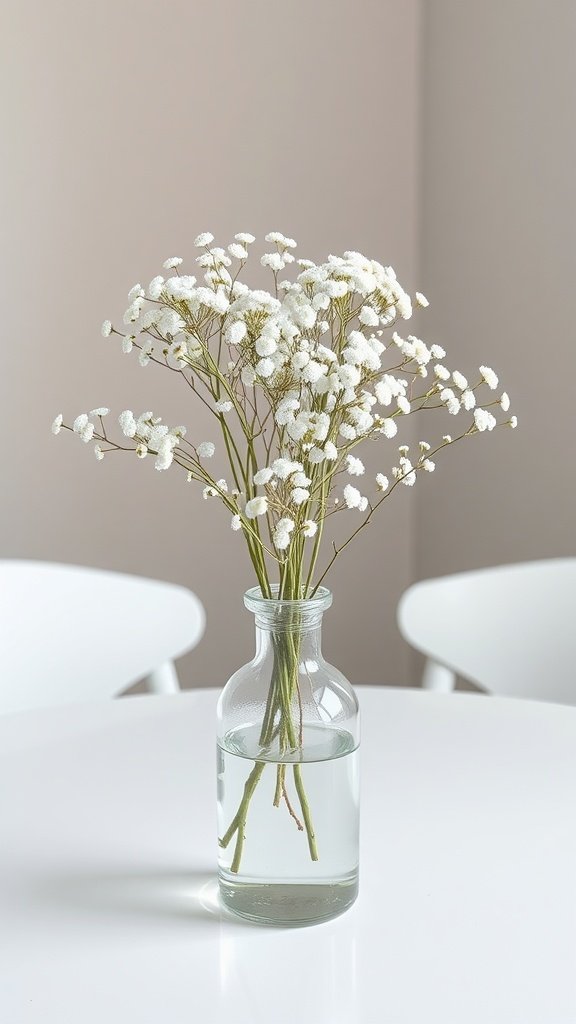 A minimalist centerpiece featuring a clear vase filled with white baby’s breath flowers on a white table.