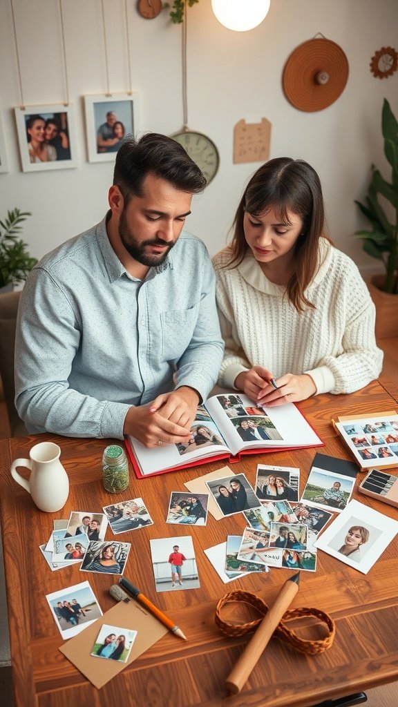 A couple creating a scrapbook together at a table filled with photos and crafting supplies.