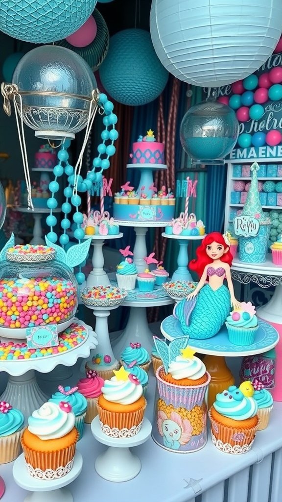 A colorful mermaid-themed dessert bar with cupcakes, a central cake, candy, and a mermaid figurine.