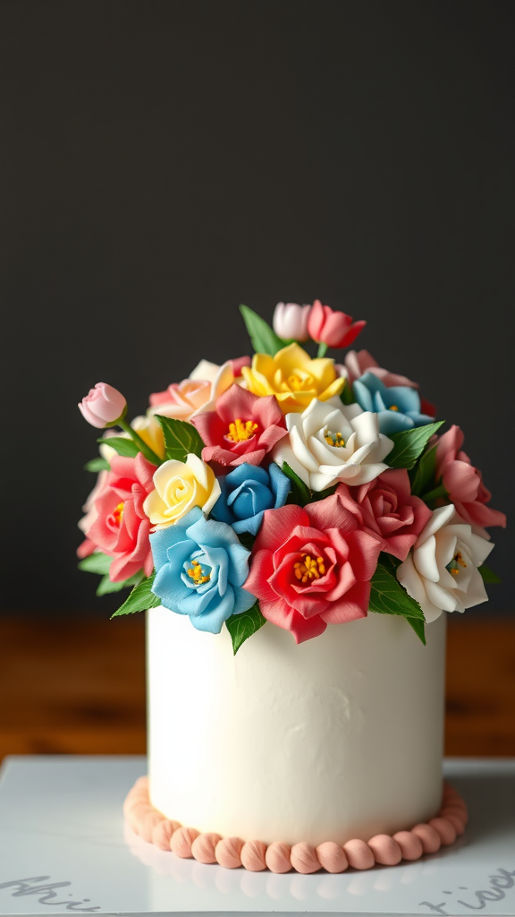 A beautifully decorated cake with colorful flower decorations made of frosting.