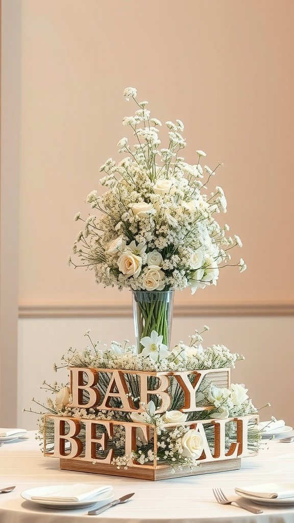 A multi-tiered floral centerpiece made with baby’s breath and roses, featuring wooden letters spelling 'BABY BETAL'.