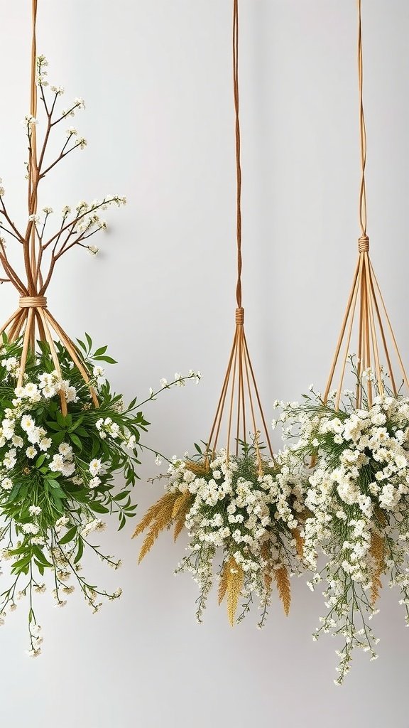Hanging arrangements of baby's breath and greenery