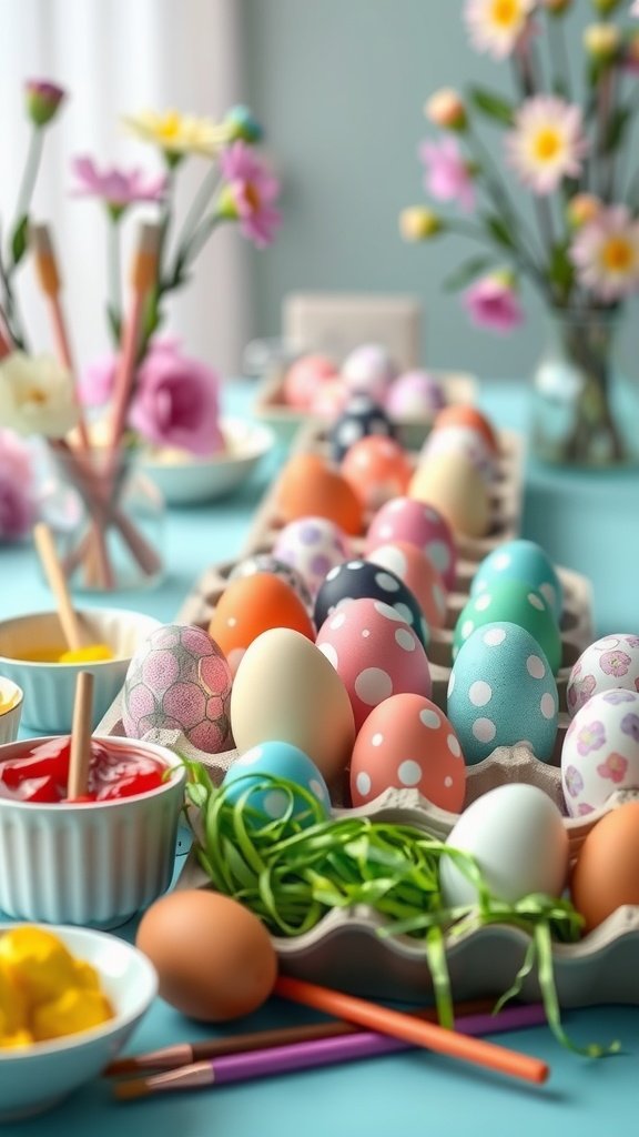 A colorful egg decorating station with painted eggs, paints, and flowers for an Easter tea party.