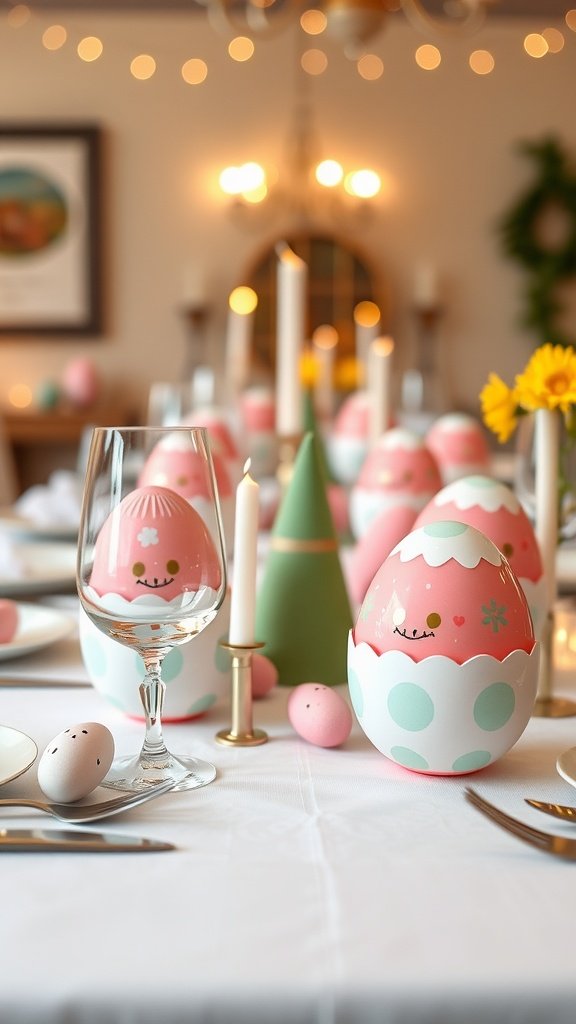 A festive Easter tablescape with colorful eggs, candles, and a bright atmosphere.