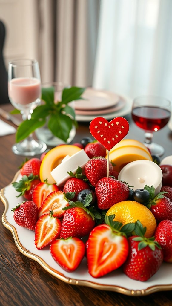A vibrant fruit platter with strawberries, oranges, and cheese, decorated with a heart-shaped cookie for Valentine's Day.