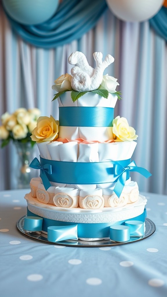 A decorated mini diaper cake in pastel colors with baby decorations, sitting on a table.