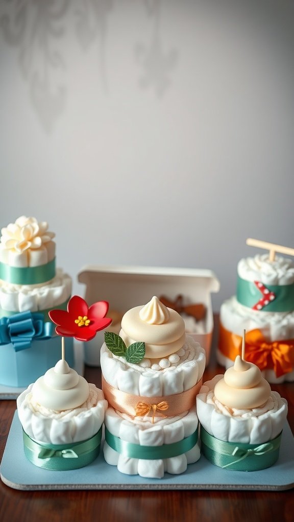 An assortment of mini diaper cakes decorated with ribbons and cake toppers