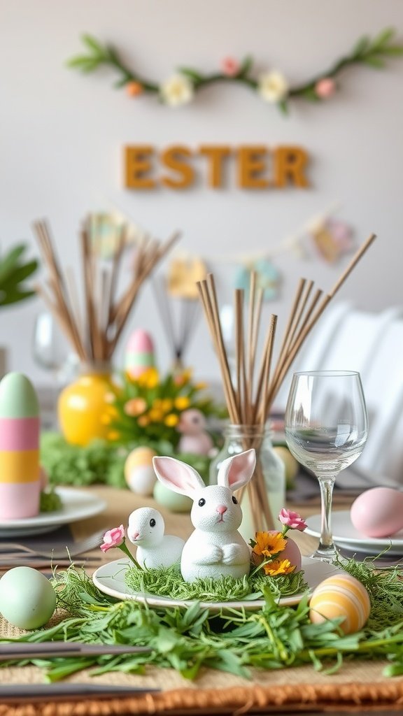 A vibrant Easter tablescape featuring bunny figurines, eggs, and flowers, with a personalized banner.